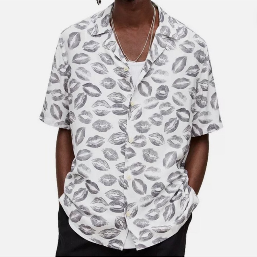 ALLSAINTS Kiss Lips Button Down Camp Shirt Short Sleeve Men's XL